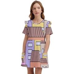 Houses City Architecture Building Kids  Frilly Sleeves Pocket Dress