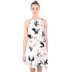 Phoenix Dragon Fire Bird Halter Collar Waist Tie Chiffon Dress by Sapixe