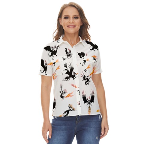 Phoenix Dragon Fire Bird Women s Short Sleeve Double Pocket Shirt by Sapixe