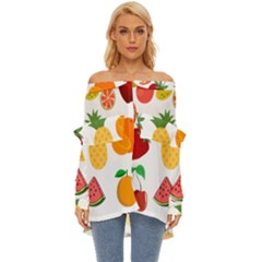 Fruits Cartoon Off Shoulder Chiffon Pocket Shirt