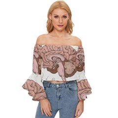 Cerebrum Human Structure Cartoon Human Brain Off Shoulder Flutter Bell Sleeve Top by Sapixe