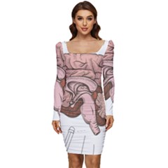 Cerebrum Human Structure Cartoon Human Brain Women Long Sleeve Ruched Stretch Jersey Dress by Sapixe