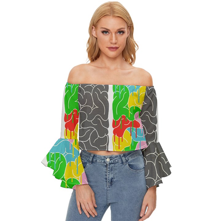 Clip Art Brain Halves Off Shoulder Flutter Bell Sleeve Top