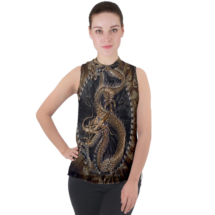 Dragon Pentagram Mock Neck Chiffon Sleeveless Top