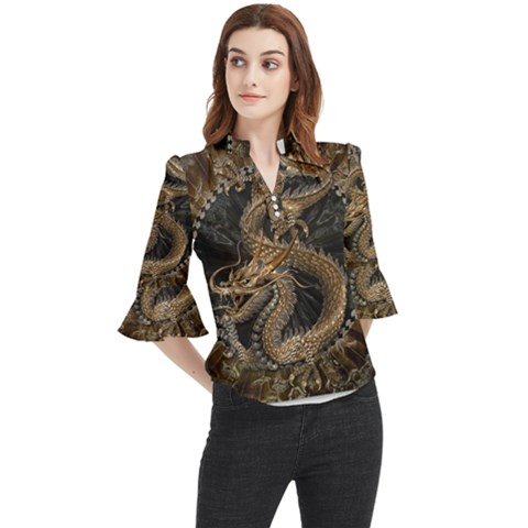 Dragon Pentagram Loose Horn Sleeve Chiffon Blouse by Sapixe