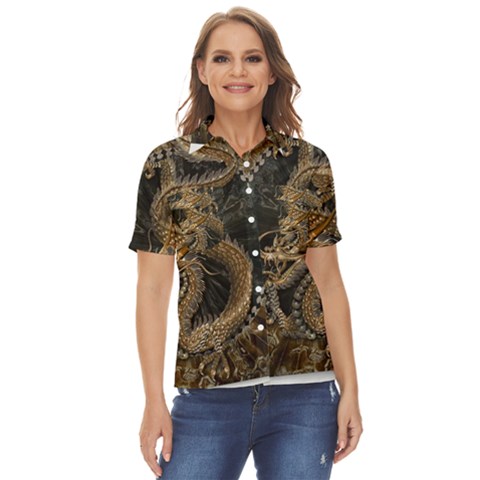 Dragon Pentagram Women s Short Sleeve Double Pocket Shirt by Sapixe