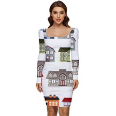 Houses Women Long Sleeve Ruched Stretch Jersey Dress