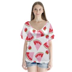 Pink Watermeloon V-neck Flutter Sleeve Top by Sapixe