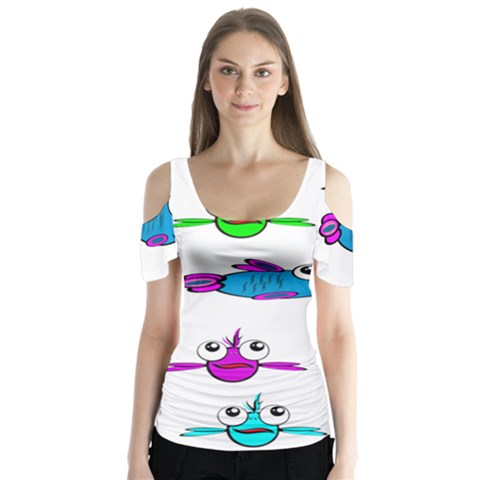 Fish Swim Cartoon Funnycute Butterfly Sleeve Cutout Tee  by Sapixe