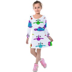 Fish Swim Cartoon Funnycute Kids  Long Sleeve Velvet Dress