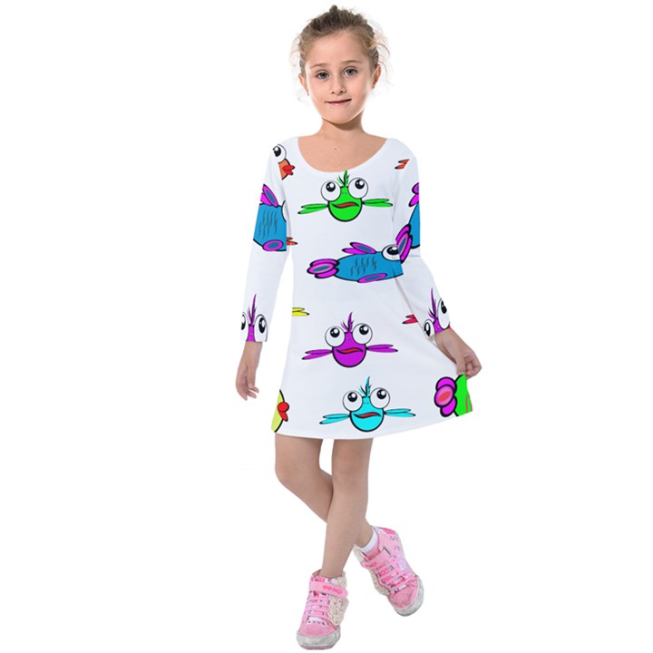 Fish Swim Cartoon Funnycute Kids  Long Sleeve Velvet Dress