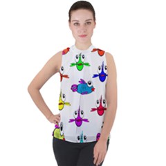 Fish Swim Cartoon Funnycute Mock Neck Chiffon Sleeveless Top by Sapixe