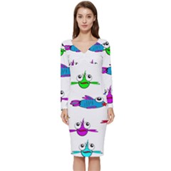 Fish Swim Cartoon Funnycute Long Sleeve V-neck Bodycon Dress 