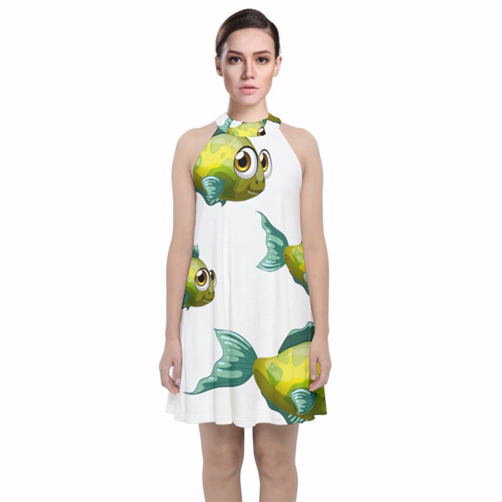 Fish Vector Green Velvet Halter Neckline Dress 