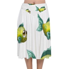 Fish Vector Green Velvet Flared Midi Skirt