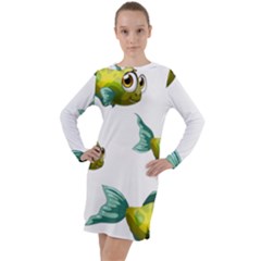 Fish Vector Green Long Sleeve Hoodie Dress