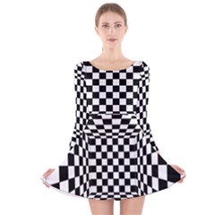 Black And White Chess Checkered Spatial 3d Long Sleeve Velvet Skater Dress