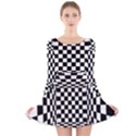 Black And White Chess Checkered Spatial 3d Long Sleeve Velvet Skater Dress View1