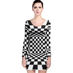 Black And White Chess Checkered Spatial 3d Long Sleeve Velvet Bodycon Dress