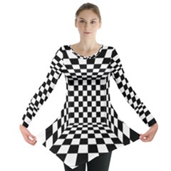 Black And White Chess Checkered Spatial 3d Long Sleeve Tunic  by Sapixe