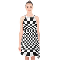 Black And White Chess Checkered Spatial 3d Halter Collar Waist Tie Chiffon Dress by Sapixe