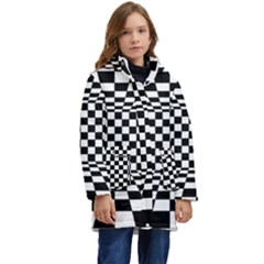 Black And White Chess Checkered Spatial 3d Kid s Hooded Longline Puffer Jacket by Sapixe