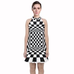 Black And White Chess Checkered Spatial 3d Velvet Halter Neckline Dress 