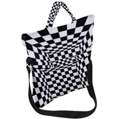 Black And White Chess Checkered Spatial 3d Fold Over Handle Tote Bag by Sapixe