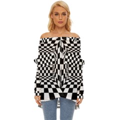 Black And White Chess Checkered Spatial 3d Off Shoulder Chiffon Pocket Shirt by Sapixe