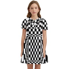 Black And White Chess Checkered Spatial 3d Kids  Bow Tie Puff Sleeve Dress by Sapixe