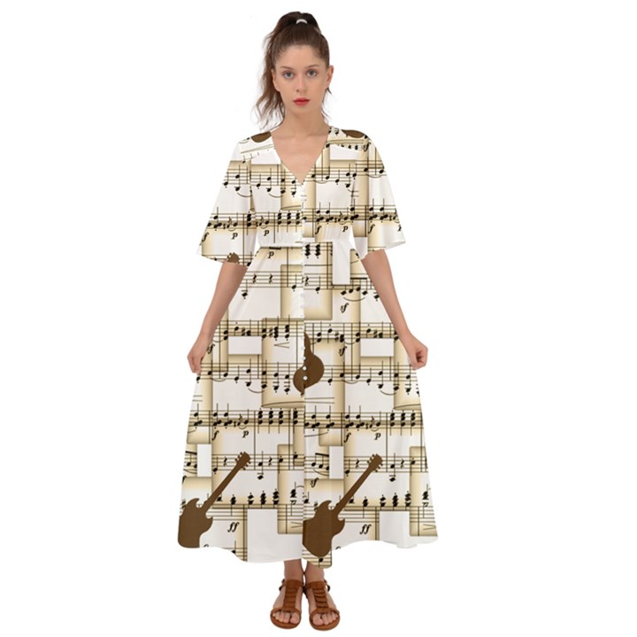 Music Paper Guitars Background Art Kimono Sleeve Boho Dress