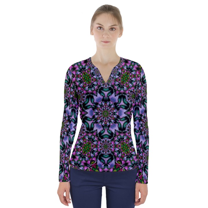 Tropical Blooming Forest With Decorative Flowers Mandala V-Neck Long Sleeve Top