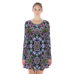 Tropical Blooming Forest With Decorative Flowers Mandala Long Sleeve Velvet V-neck Dress