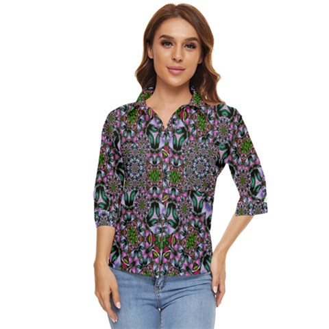 Tropical Blooming Forest With Decorative Flowers Mandala Women s Quarter Sleeve Pocket Shirt by pepitasart