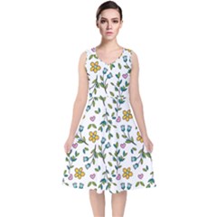 Flowers-beutiful V-neck Midi Sleeveless Dress 