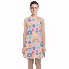 Ice-cream Velvet Halter Neckline Dress 