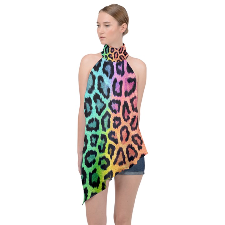 Paper-ranbow-tiger Halter Asymmetric Satin Top