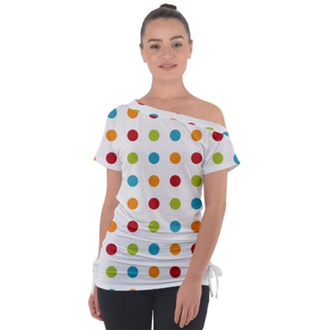 Polka-dots Off Shoulder Tie-up Tee by nateshop