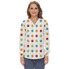 Polka-dots Zip Up Long Sleeve Blouse