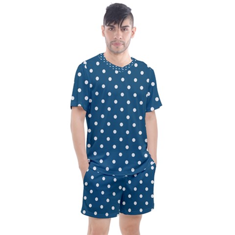 Polka-dots-blue White Men s Mesh Tee And Shorts Set by nateshop