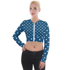 Polka-dots-blue White Long Sleeve Cropped Velvet Jacket by nateshop