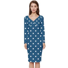 Polka-dots-blue White Long Sleeve V-neck Bodycon Dress 