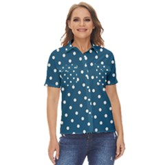 Polka-dots-blue White Women s Short Sleeve Double Pocket Shirt