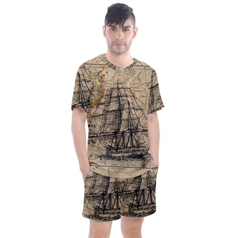 Ship Map Navigation Vintage Men s Mesh Tee And Shorts Set by Sapixe