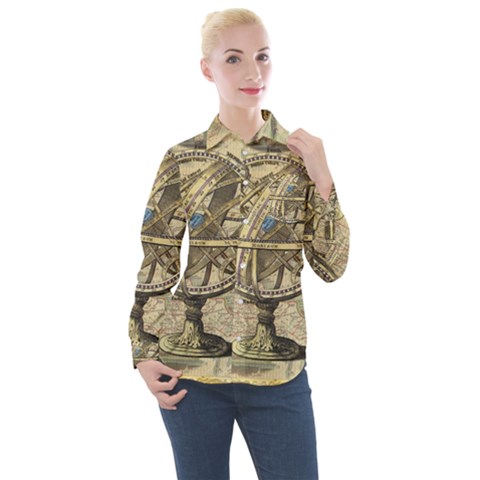 Map Compass Nautical Vintage Women s Long Sleeve Pocket Shirt by Sapixe