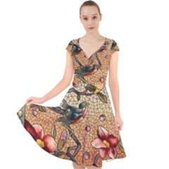 Flower Cubism Mosaic Vintage Cap Sleeve Front Wrap Midi Dress by Sapixe