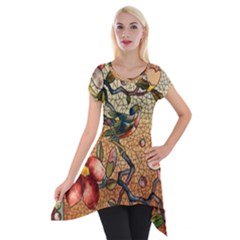 Flower Cubism Mosaic Vintage Short Sleeve Side Drop Tunic by Sapixe