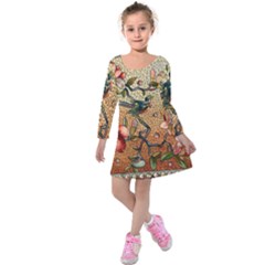 Flower Cubism Mosaic Vintage Kids  Long Sleeve Velvet Dress