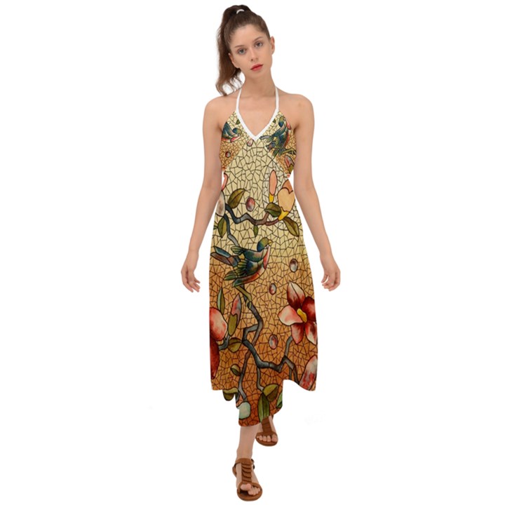 Flower Cubism Mosaic Vintage Halter Tie Back Dress 