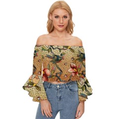 Flower Cubism Mosaic Vintage Off Shoulder Flutter Bell Sleeve Top